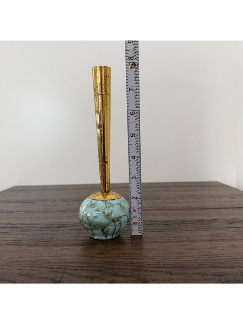 Vintage Delft Hand Painted MCM Brass Marbleized Ceramic Floral Bud Vase Art Deco - Picture 10 of 14